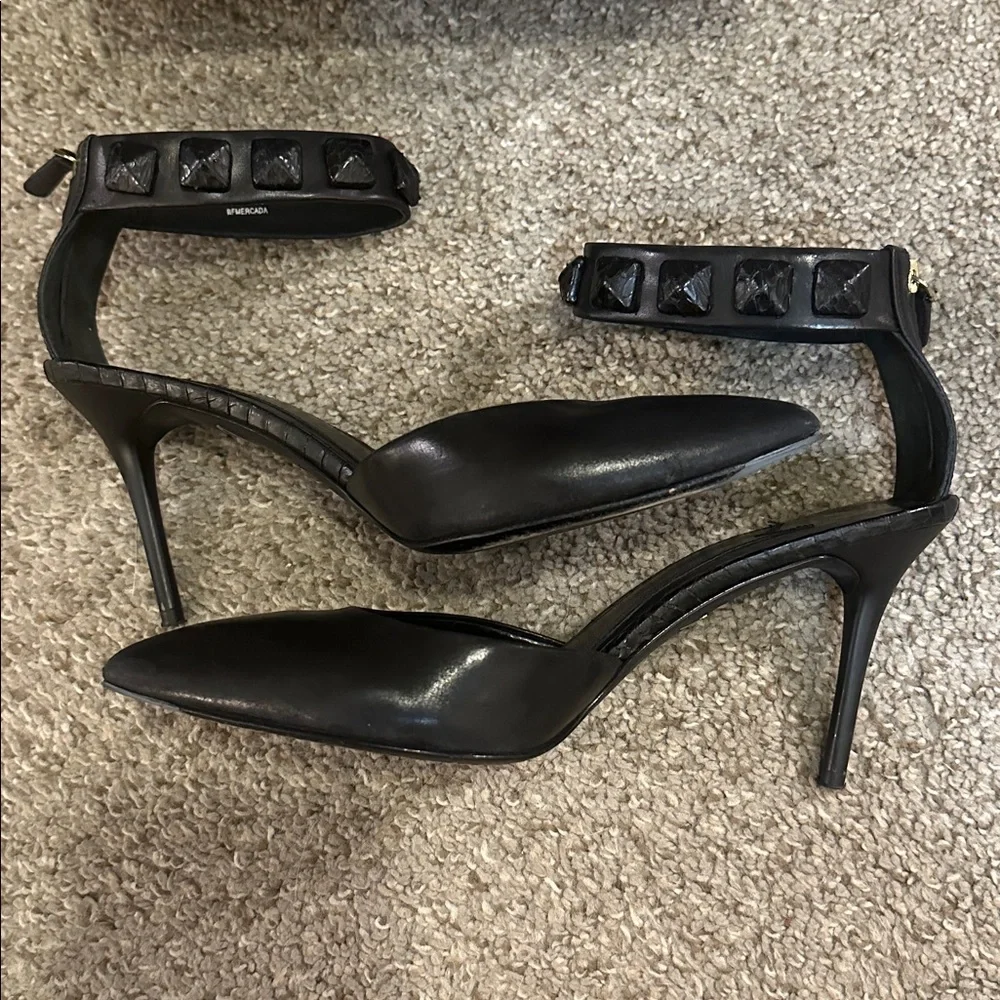 Brian Atwood Black Leather Studded Back Zip D'Orsay Ankle Band Stiletto's | 7.5